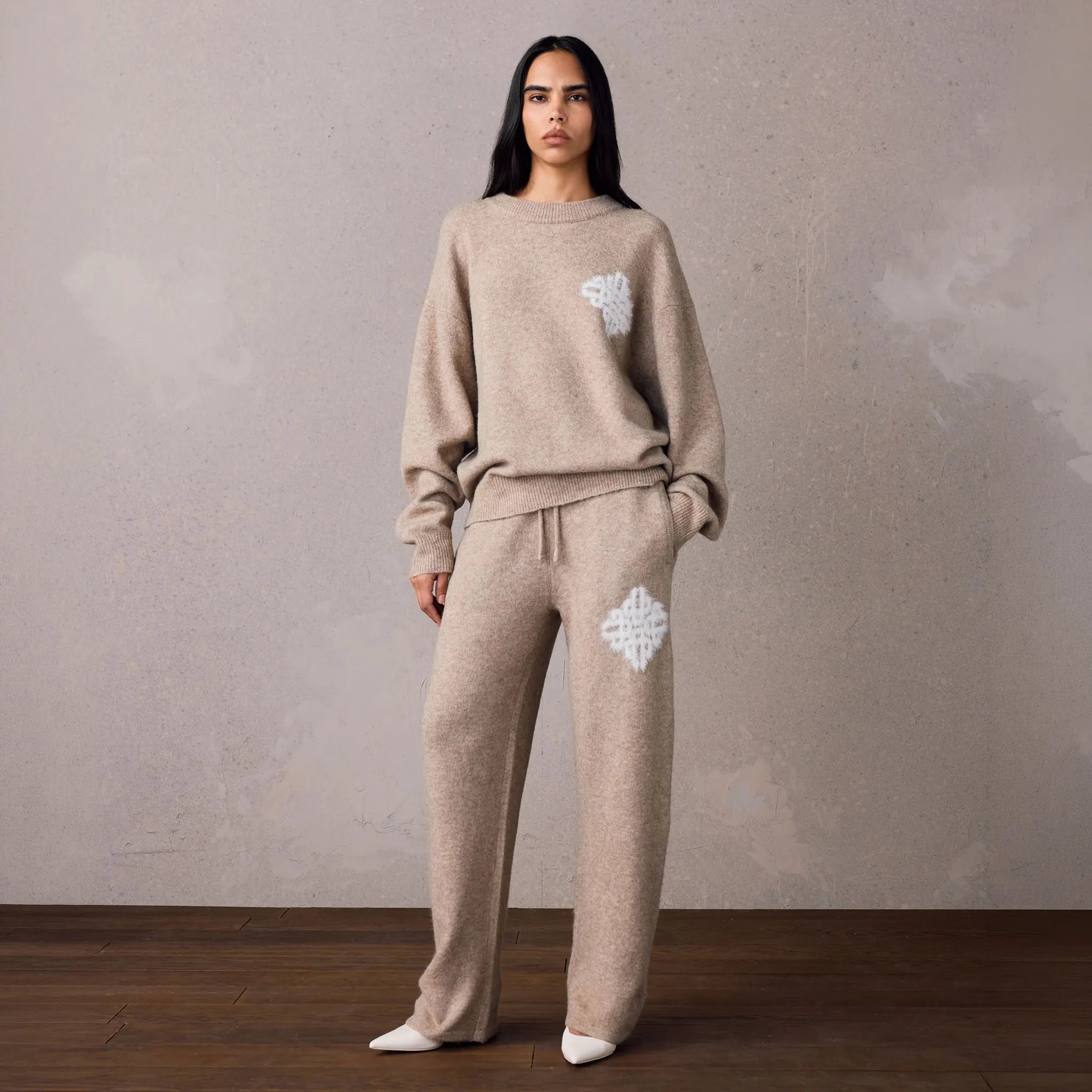 Front View of The Couture Club Emblem Fluffy Knit Beige Sweatshirt